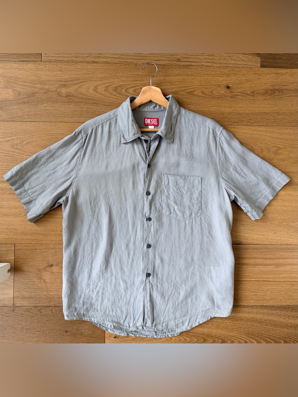 Diesel 100% Linen Button Down Grey Vacation Short Sleeve Mens Small S Shirt